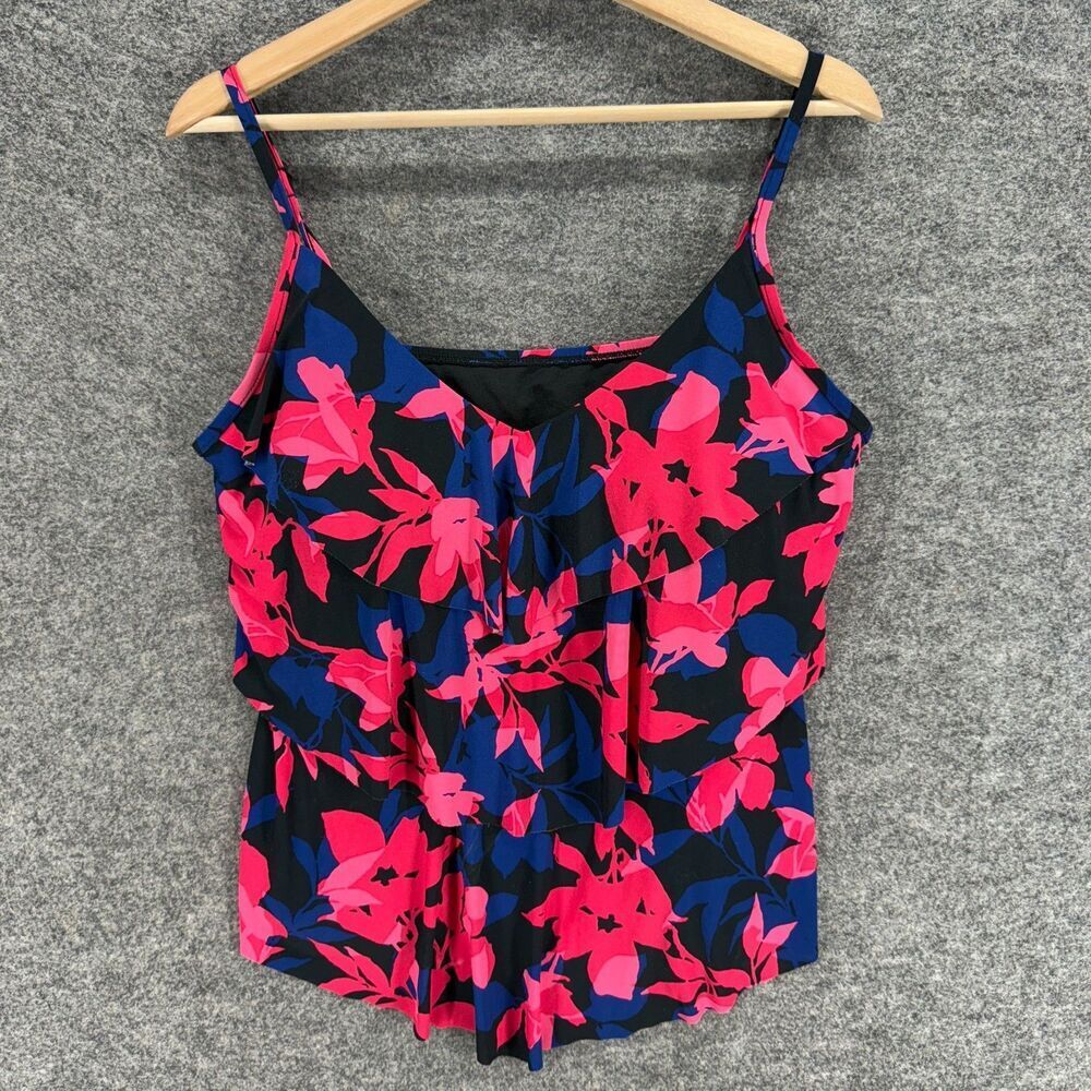 Aqua Green Tankini Top Women XL Black Floral V-Neck Sleeveless Spaghetti Strap